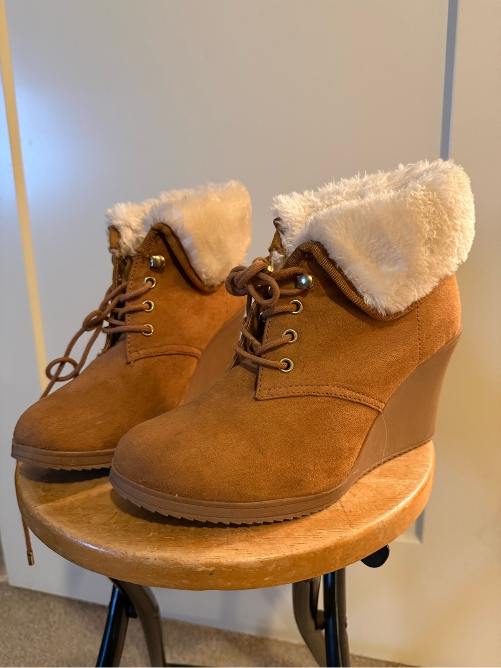 White Mountain Wedge Chestnut Tan Suede Ankle Booties with Faux Fur Cuff